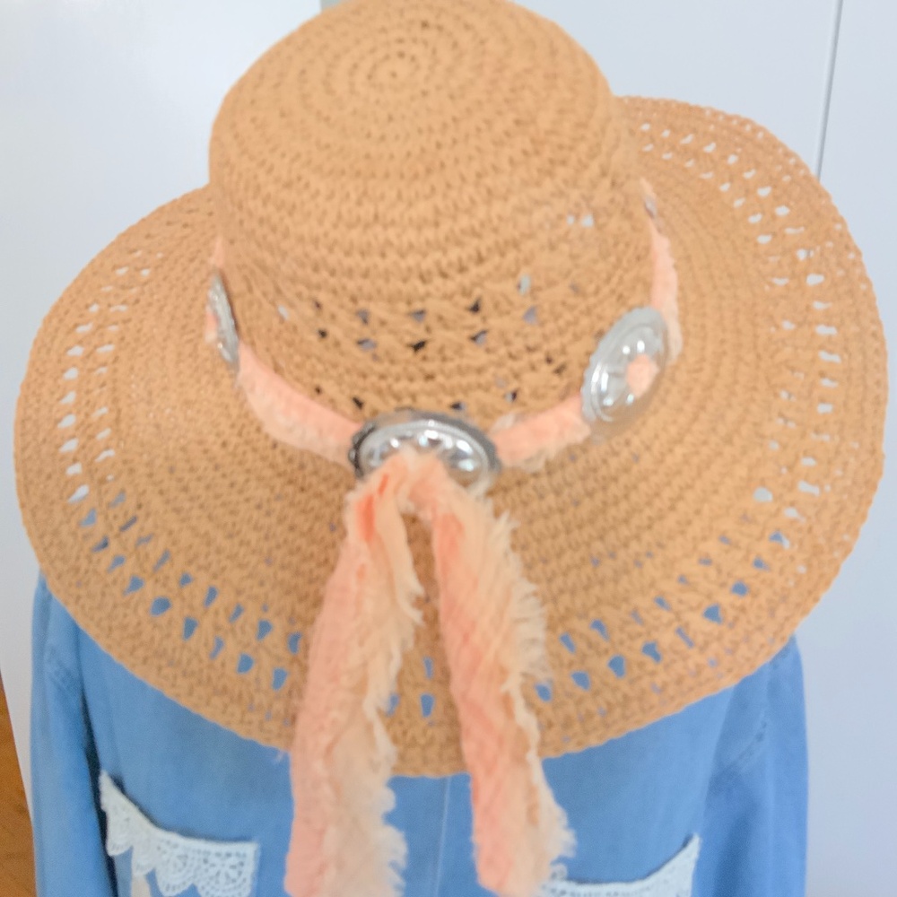 Handmade hat band with peach fabric and silver conchos